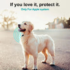 Golden retriever wearing smart pet tracker collar, outdoor, Apple compatible device