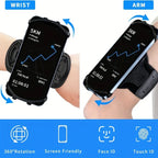 Adjustable smartphone armband and wristband holder with 360° rotation for fitness tracking.