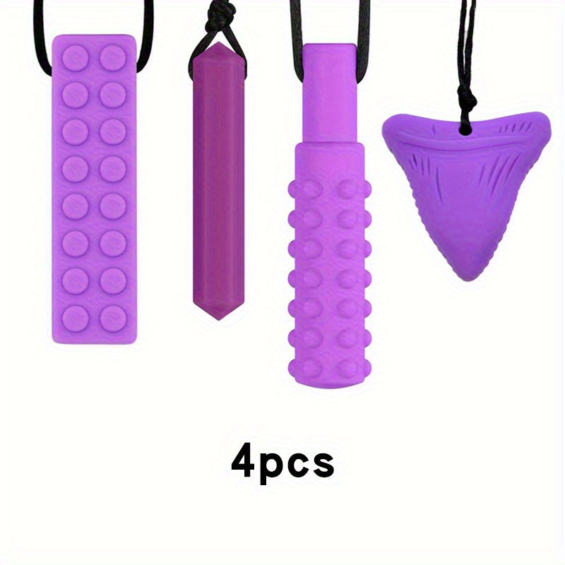 Set of four purple silicone sensory chew necklaces in various shapes, 4 pieces.
