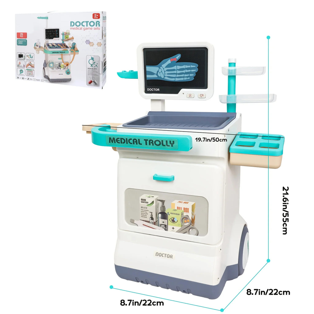 STEM doctor playset medical trolley with x-ray screen and accessories for kids, dimensions shown