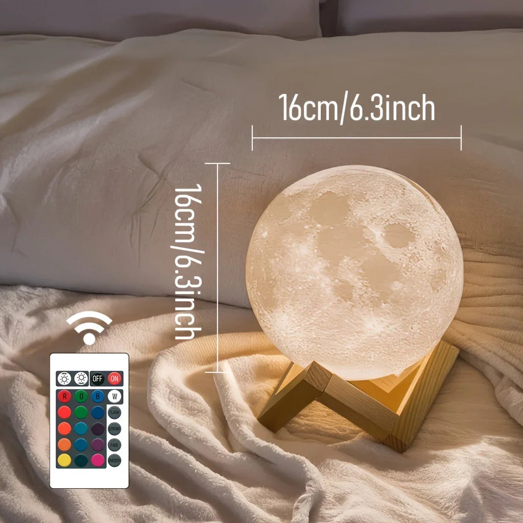 3D moon lamp with remote control and wooden stand, 16cm decorative night light on bed