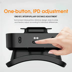 Finger adjusts VR headset with one-button inter-pupillary distance control, close-up view.