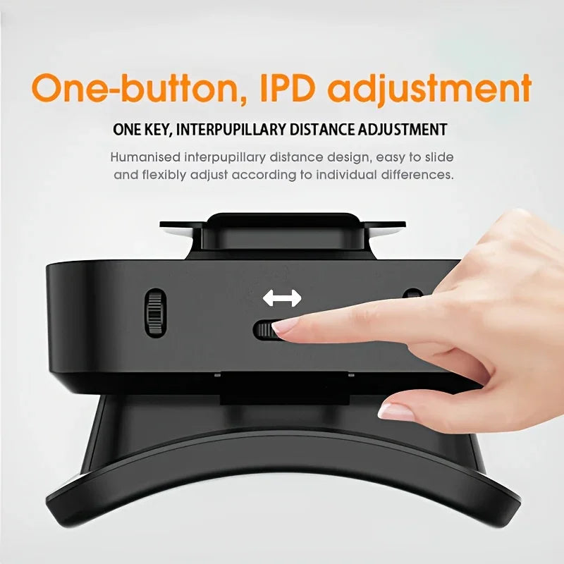 Finger adjusts VR headset with one-button inter-pupillary distance control, close-up view.