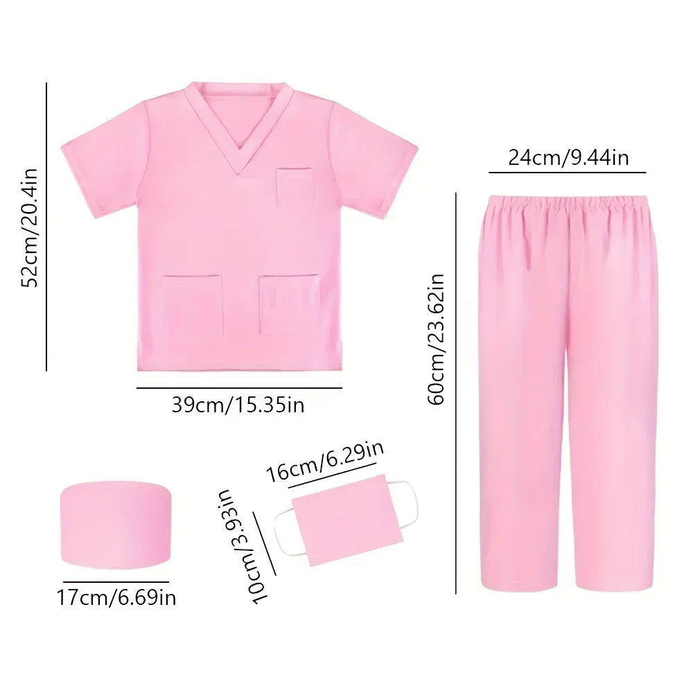 Kids pink doctor costume set with shirt, pants, hat, and mask, shown with measurements.