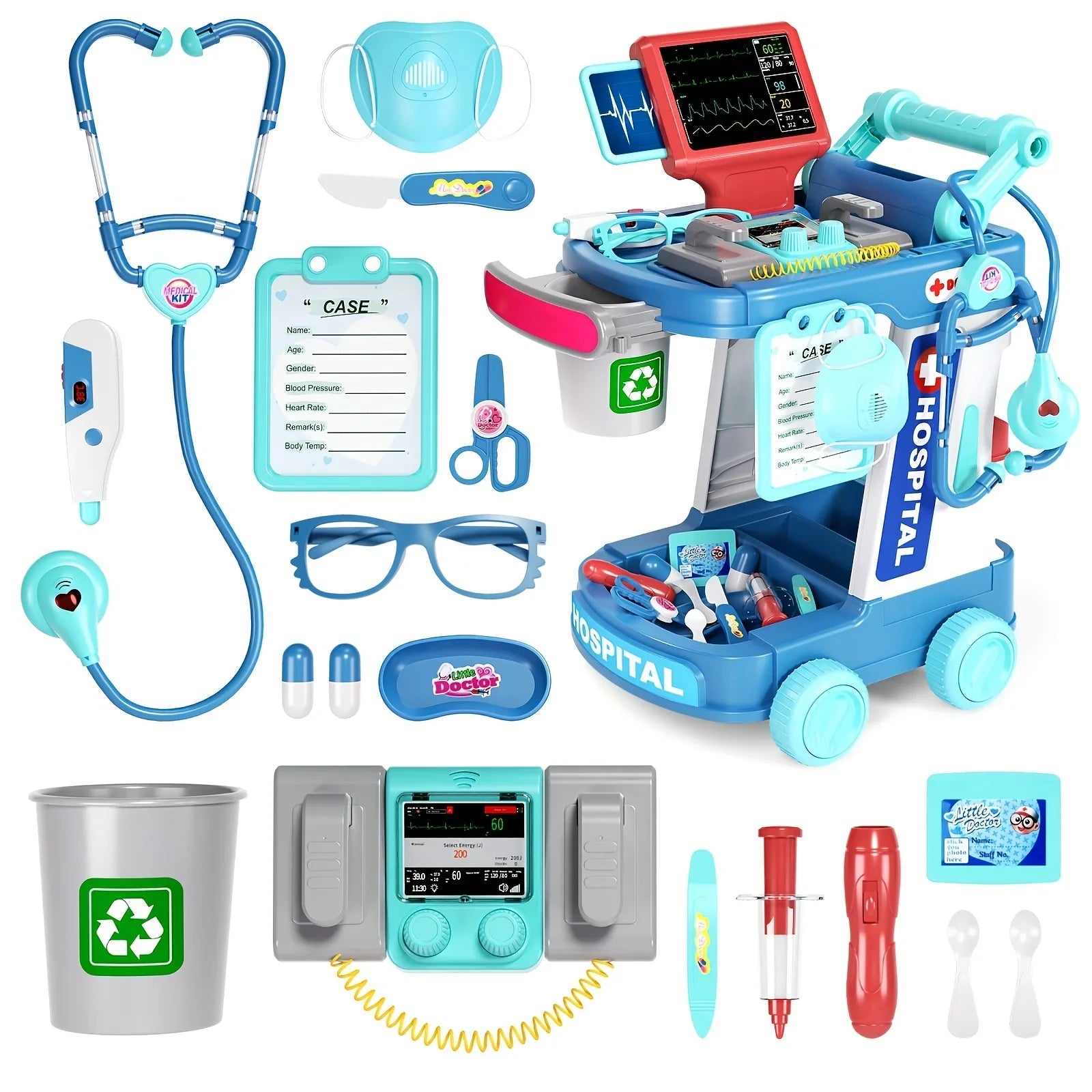 Kids' doctor playset with blue medical cart, stethoscope, syringe, and pretend medical tools.