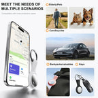 Smart tracker keychain shown with phone app, pet, car, backpack, and key use examples.