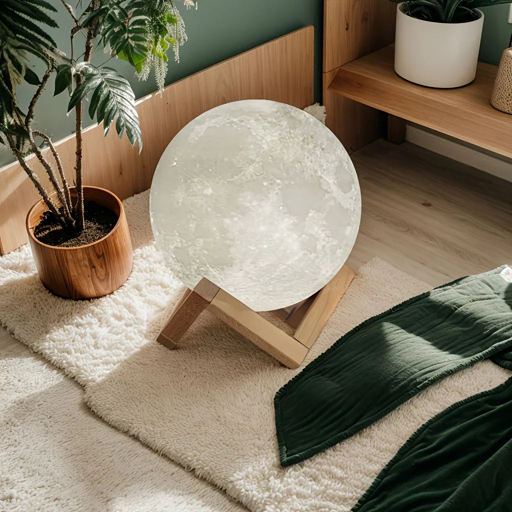 3D moon lamp on wooden stand in cozy bedroom with plants and soft rug