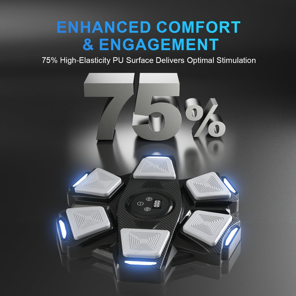 Electronic muscle stimulator device with LED lights, PU pads, and large 75% graphic emphasizing comfort and high elasticity.