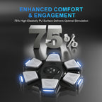 Electronic muscle stimulator device with LED lights, PU pads, and large 75% graphic emphasizing comfort and high elasticity.