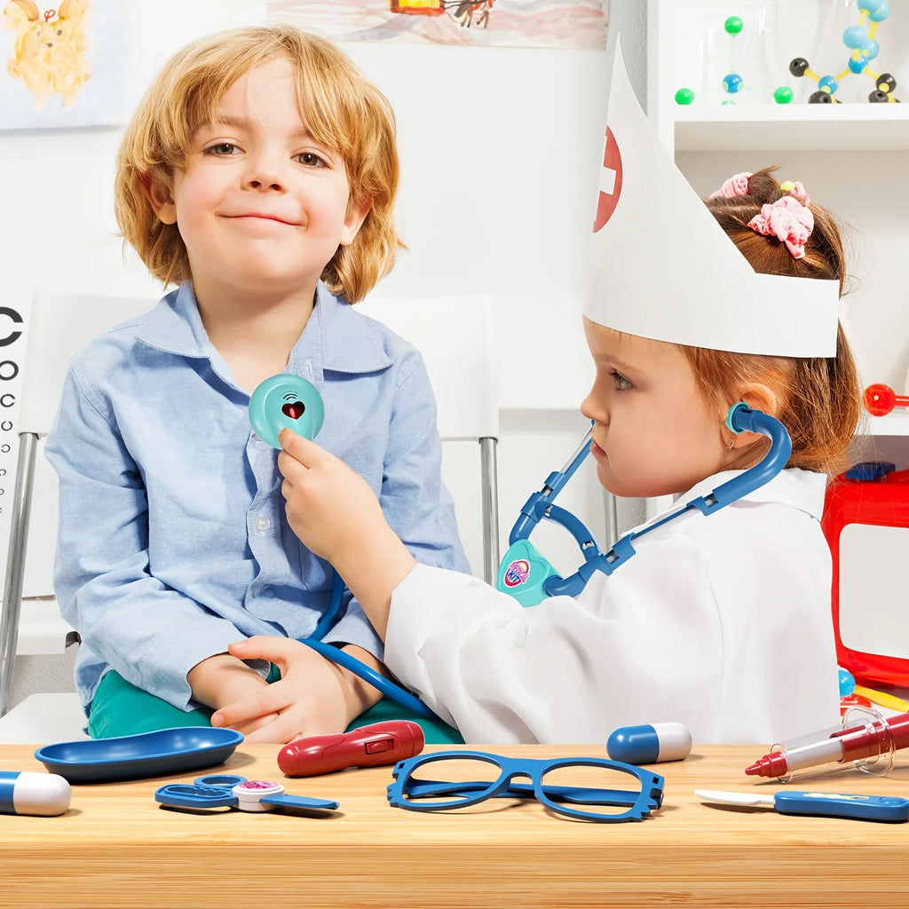 Kids playing doctor with STEM medical toys, girl in costume using stethoscope on boy