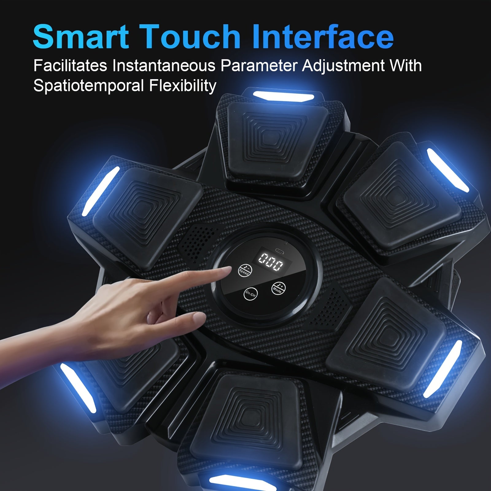 Hand using smart touch interface on futuristic tech gadget with LED lights and digital display.