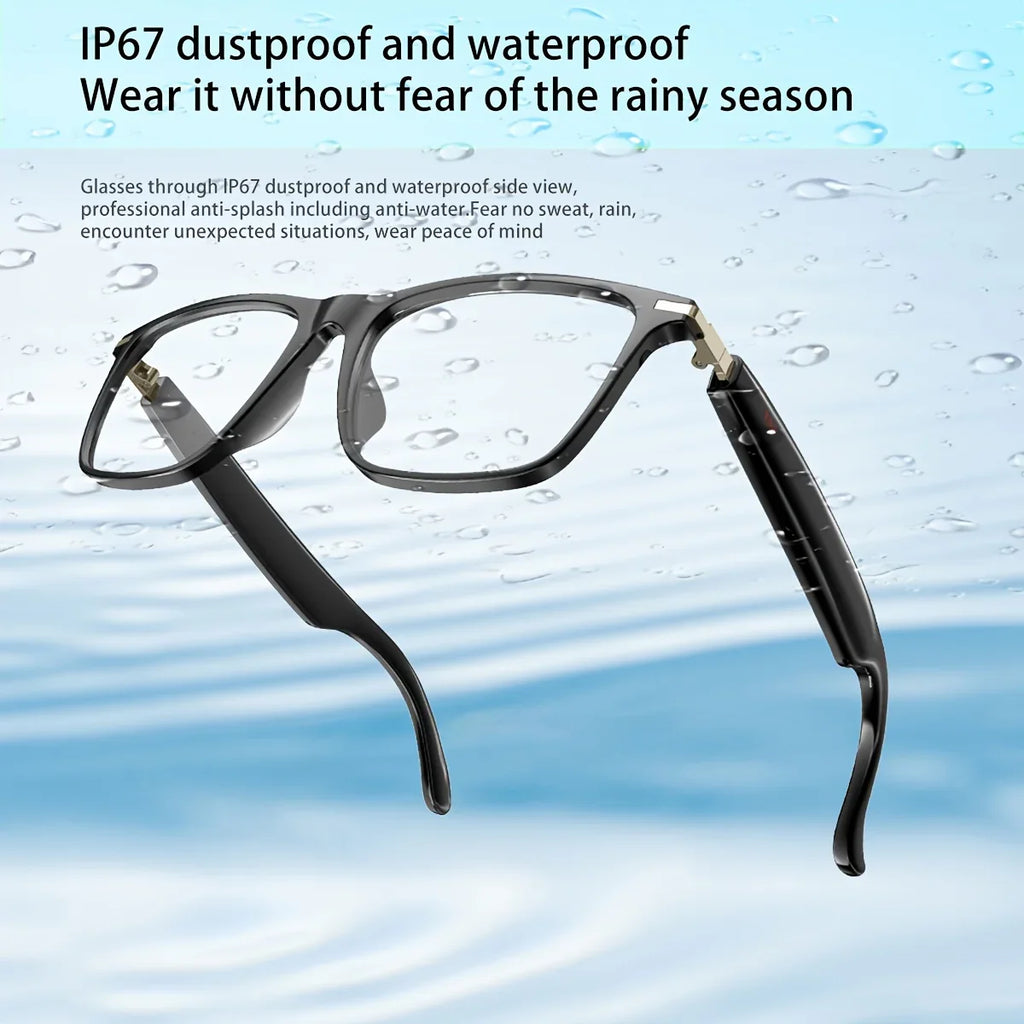 Black smart glasses with IP67 waterproof and dustproof rating, floating over water.