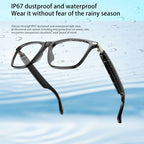 Black smart glasses with IP67 waterproof and dustproof rating, floating over water.