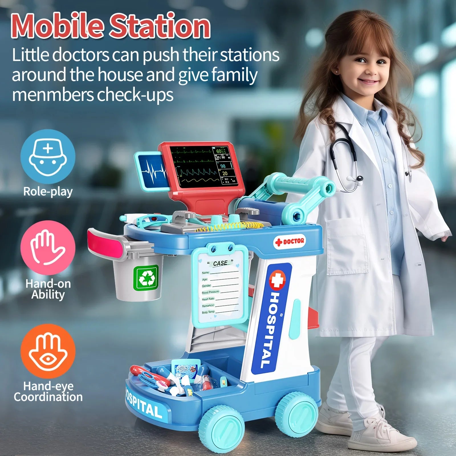 Girl in lab coat with toy doctor playset and stethoscope, promoting STEM role-play for kids.