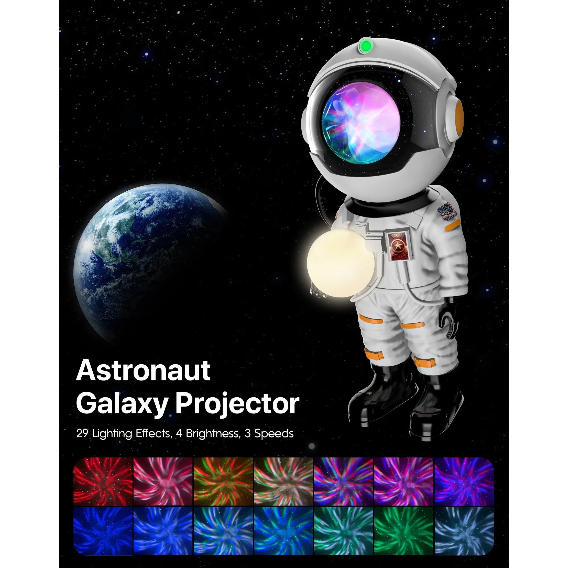 Astronaut galaxy projector toy with light effects, space background, multiple color modes shown.