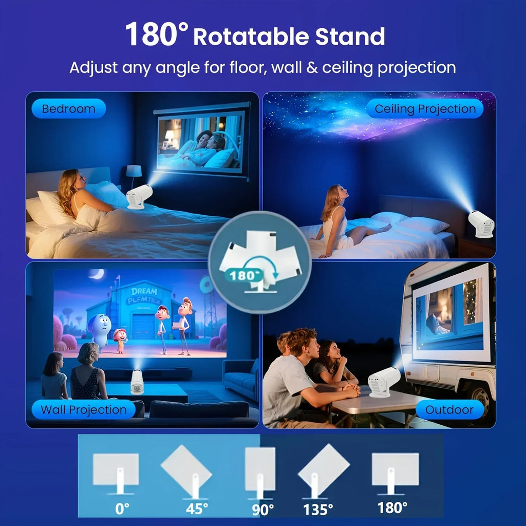 Projector with 180-degree rotatable stand for wall, ceiling, bedroom, and outdoor use.