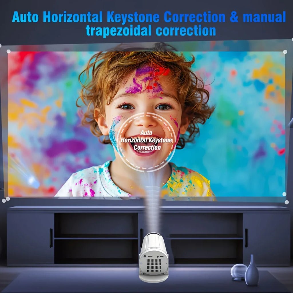 Projector displaying colorful image of a child with text highlighting keystone correction feature