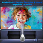 Projector displaying colorful image of a child with text highlighting keystone correction feature