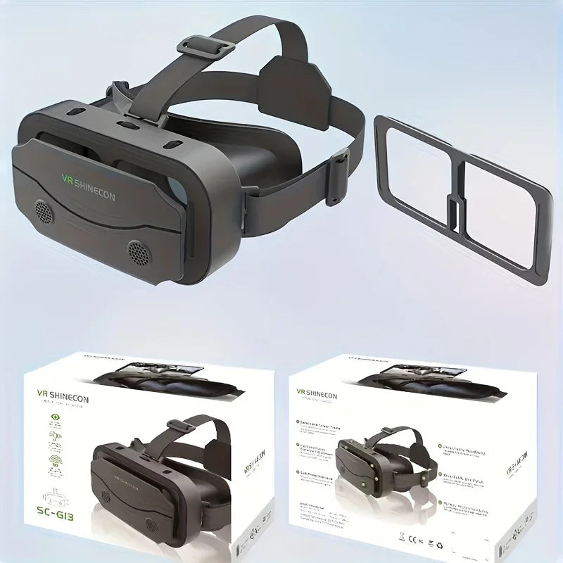 VR Shinecon headset with adjustable strap, lens insert, and product packaging for virtual reality gaming.