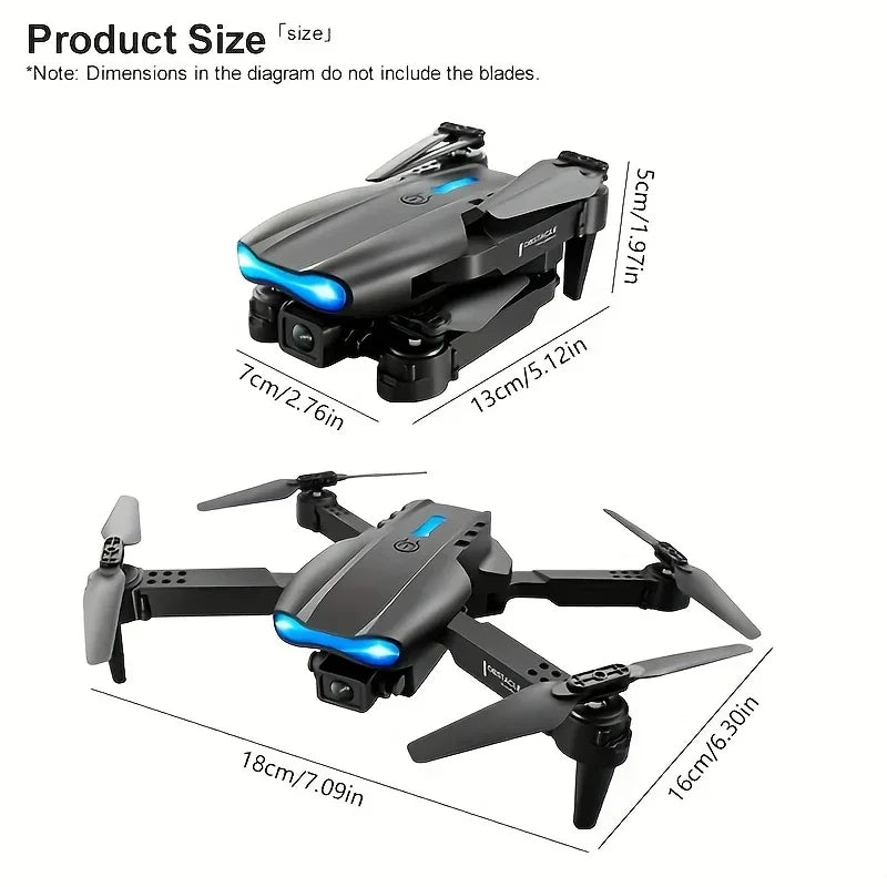 Foldable drone with camera shown open and closed, displaying dimensions in centimeters and inches.