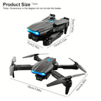 Foldable drone with camera shown open and closed, displaying dimensions in centimeters and inches.