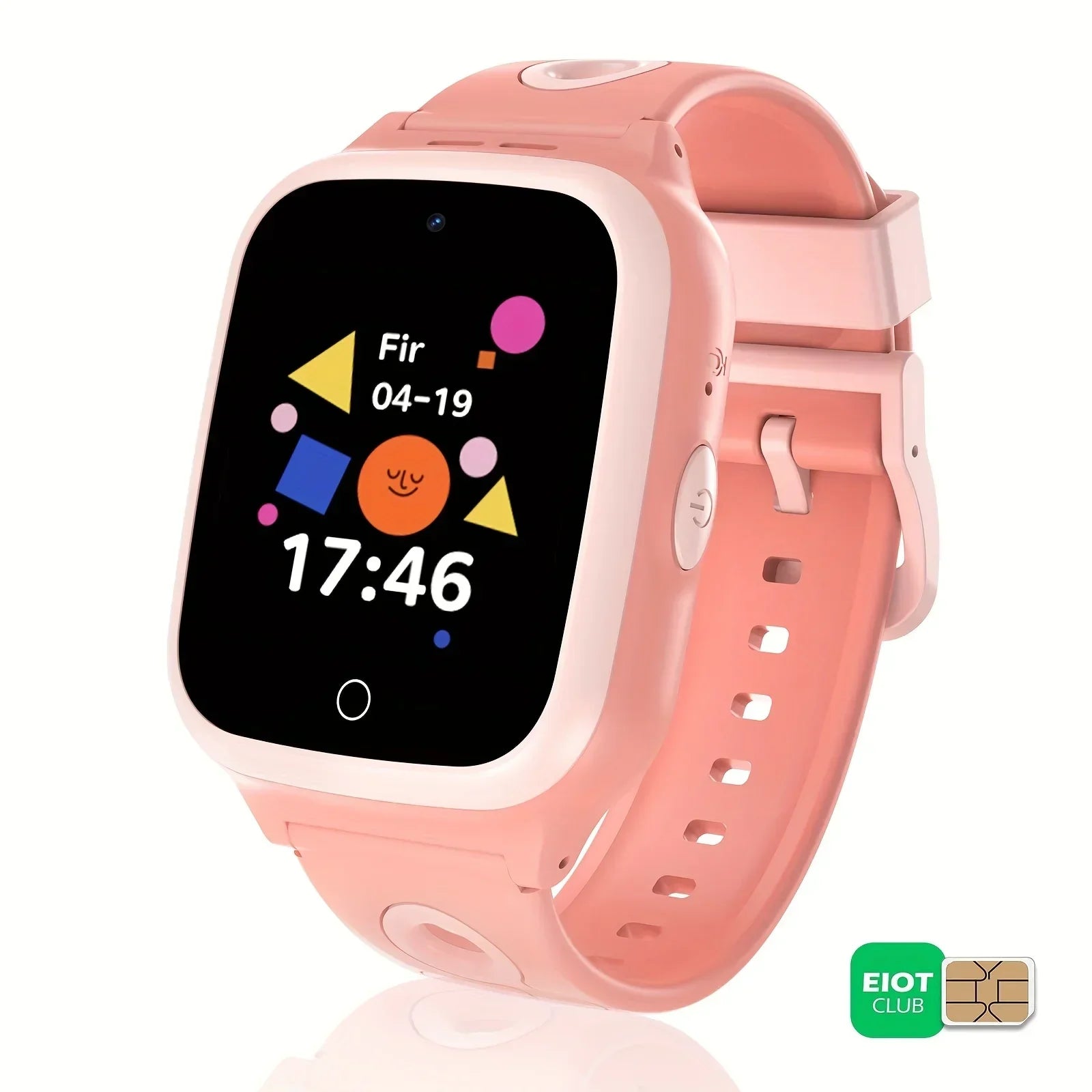 Pink kids' smart watch with colorful display, SIM card icon, and silicone strap