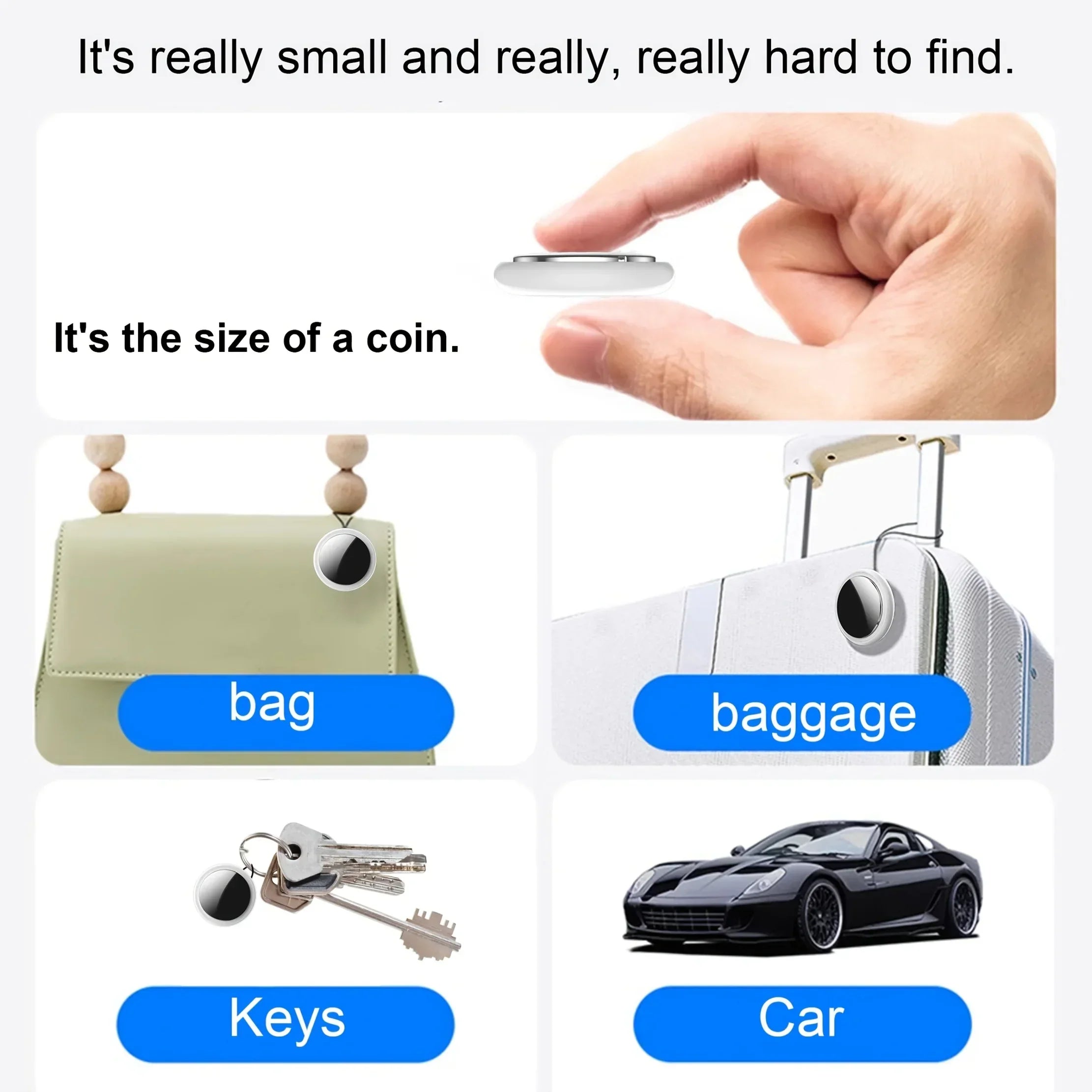 Small coin-sized smart tracker for bags, baggage, keys, and cars to help locate items easily.