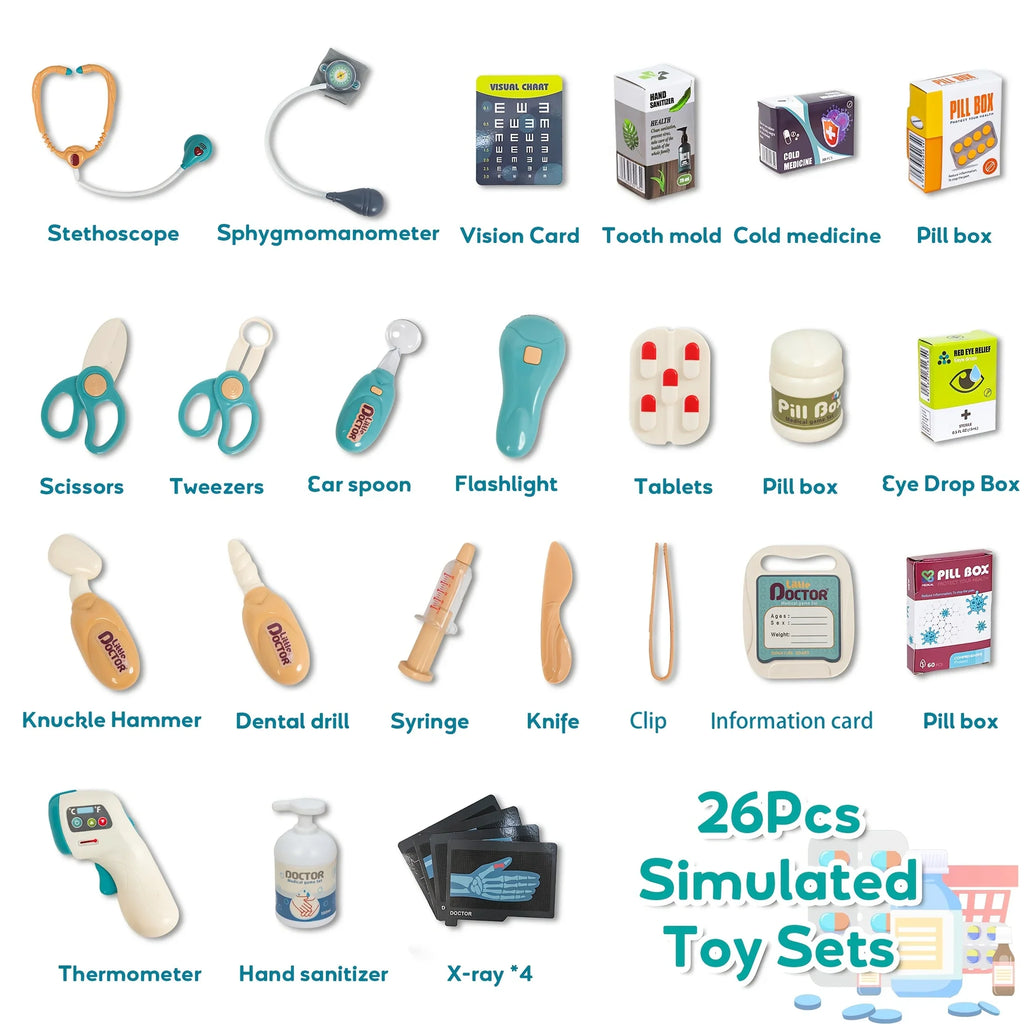 26-piece simulated toy doctor kit with stethoscope, syringe, thermometer, dental drill, and x-rays, ideal for STEM learning and pretend play.