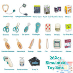 26-piece simulated toy doctor kit with stethoscope, syringe, thermometer, dental drill, and x-rays, ideal for STEM learning and pretend play.