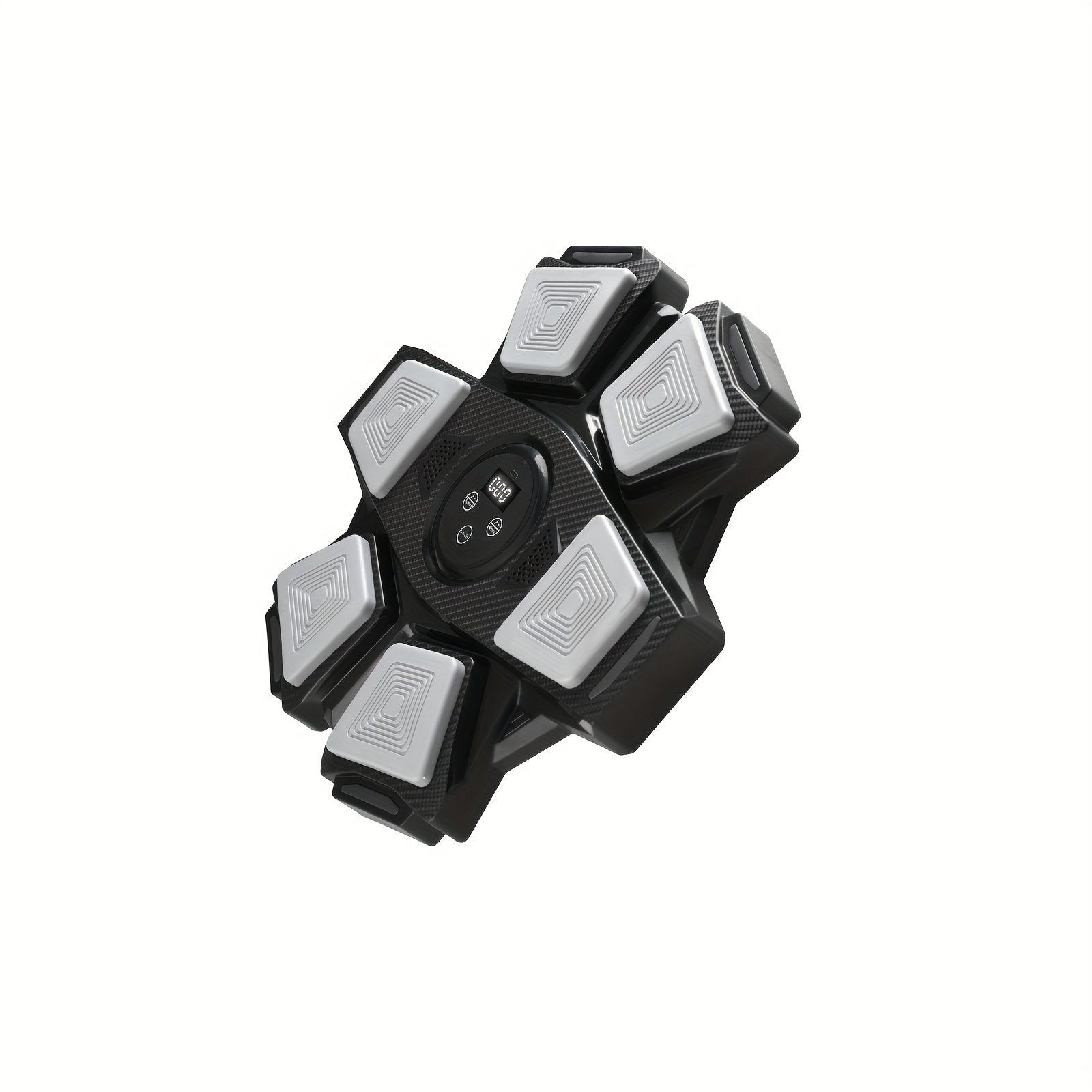 Black electronic muscle stimulator device with six gel pads and digital display