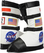 White astronaut costume boots with NASA logo and American flag patches