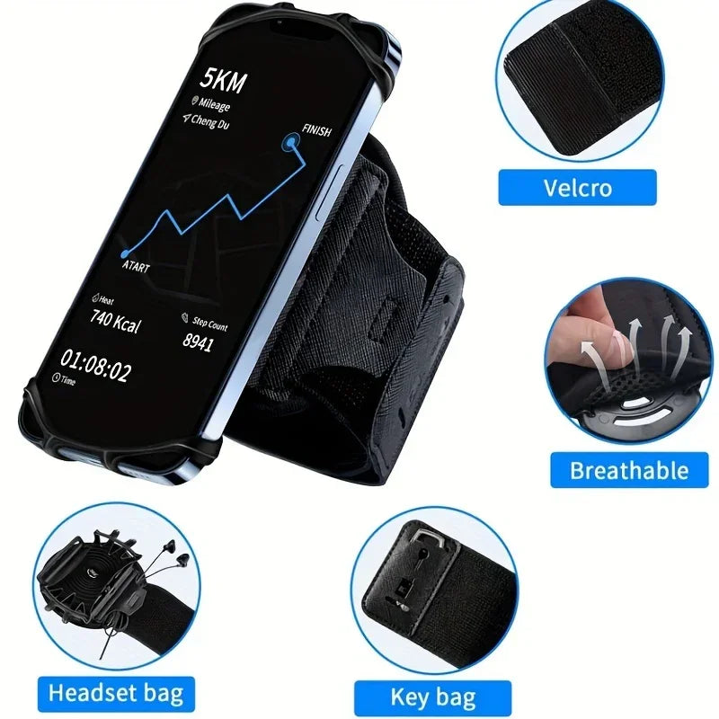 Black adjustable sports armband phone holder with velcro, breathable fabric, headset and key bag features.