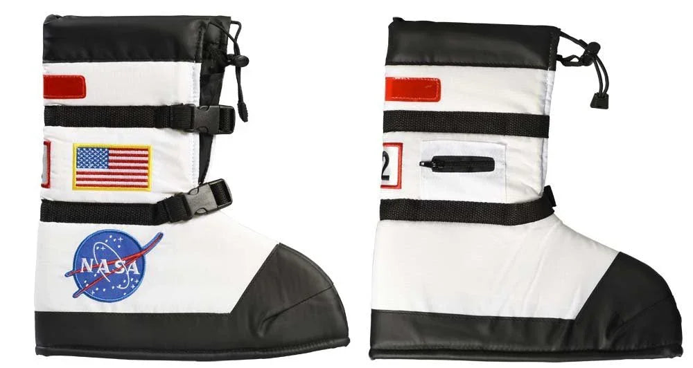 White astronaut boots with NASA logo, American flag patch, and black straps, side view