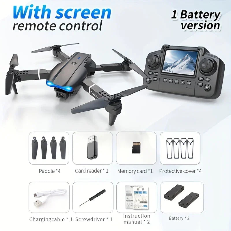 Foldable drone with screen remote control, camera, accessories, and one battery version kit.