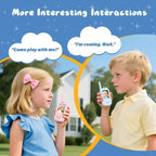 Two children outdoors using colorful toy walkie talkies for interactive play