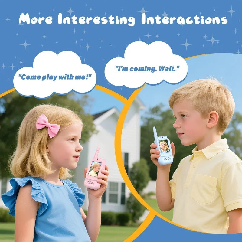 Two children outdoors using colorful toy walkie talkies for interactive play