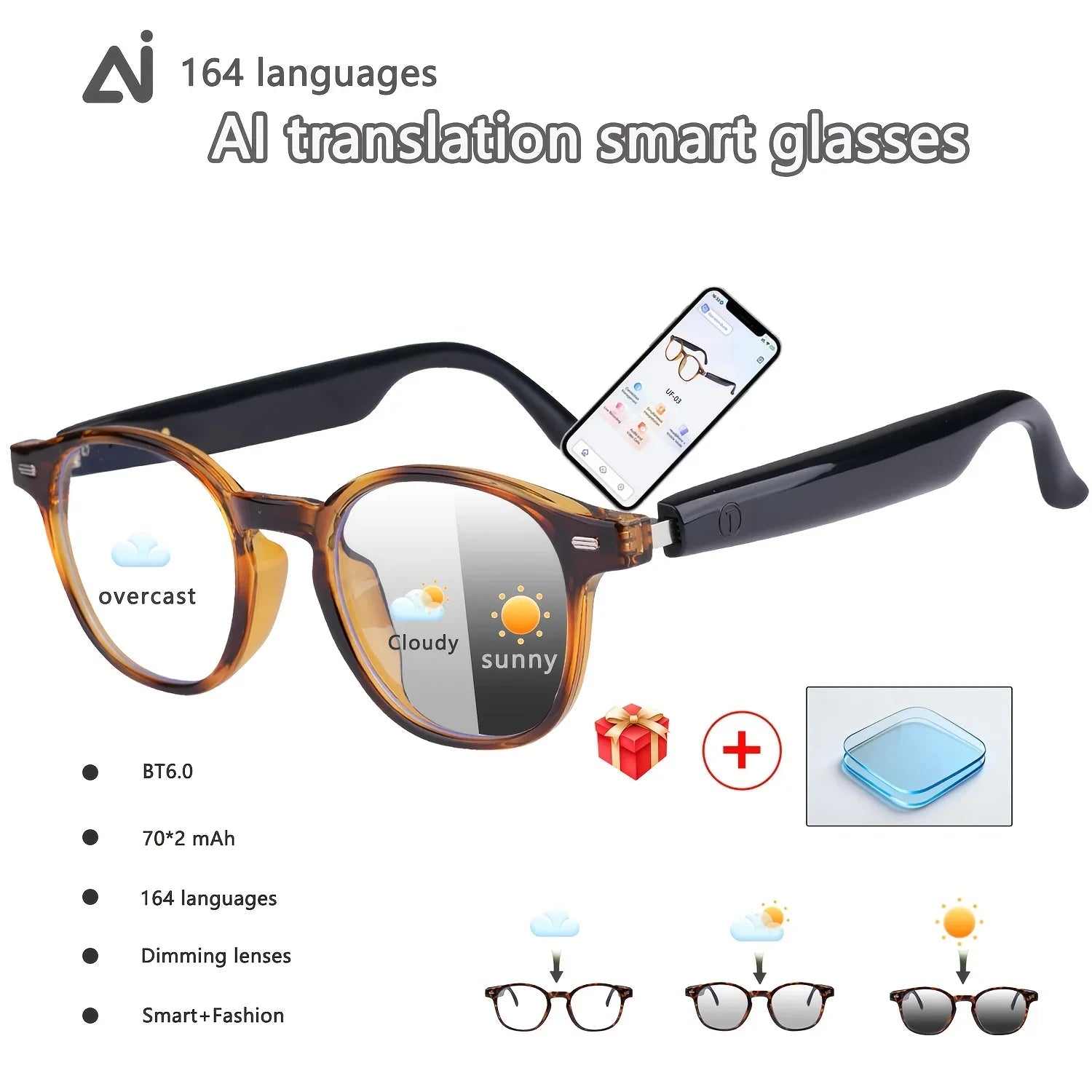 AI translation smart glasses with dimming lenses, Bluetooth, 164 languages, and smartphone connectivity.