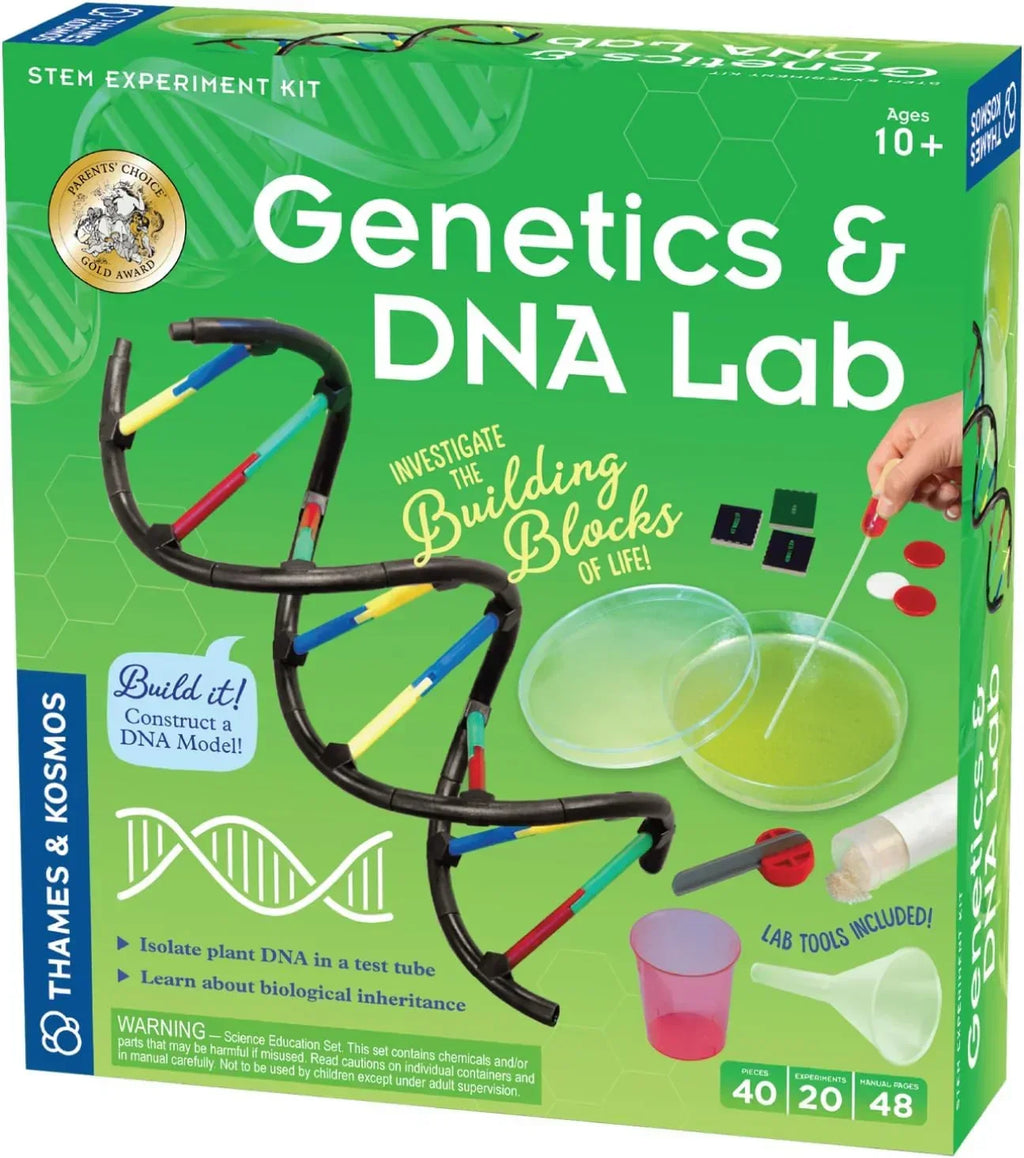 Genetics and DNA Lab STEM experiment kit for kids, featuring DNA model and lab tools on box
