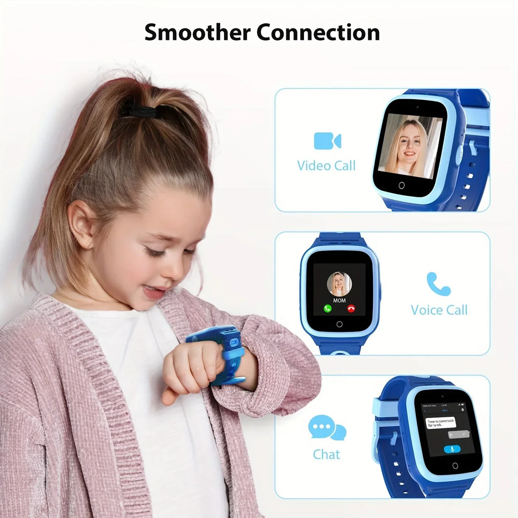 Child using blue kids’ smartwatch with video call, voice call, and chat features.