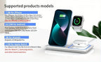 Wireless charging station for iPhone, Android, AirPods, and Apple Watch with supported models listed.