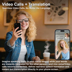 Woman using smartphone for video call with real-time language translation feature in café