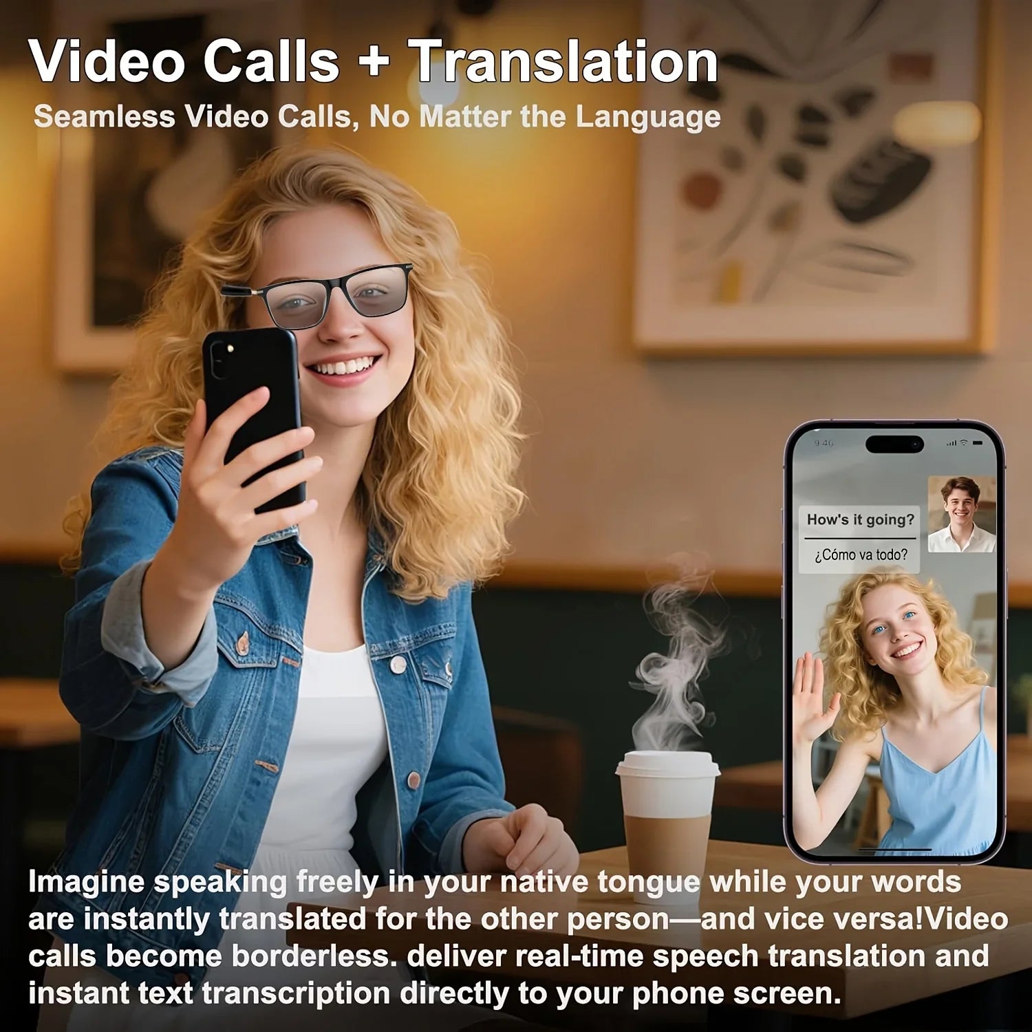 Woman using smartphone for video call with real-time language translation feature in café
