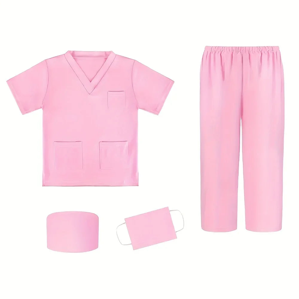 Kids pink doctor costume set with scrub top, pants, cap, and face mask.