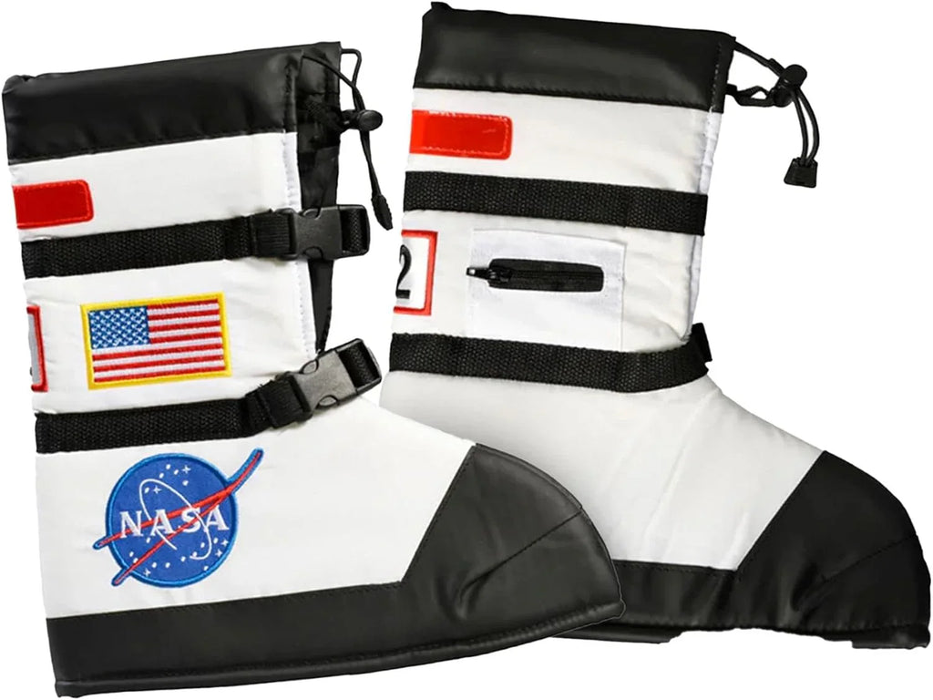 White astronaut costume boots with NASA and American flag patches, black straps, and red details