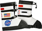 White astronaut costume boots with NASA and American flag patches, black straps, and red details