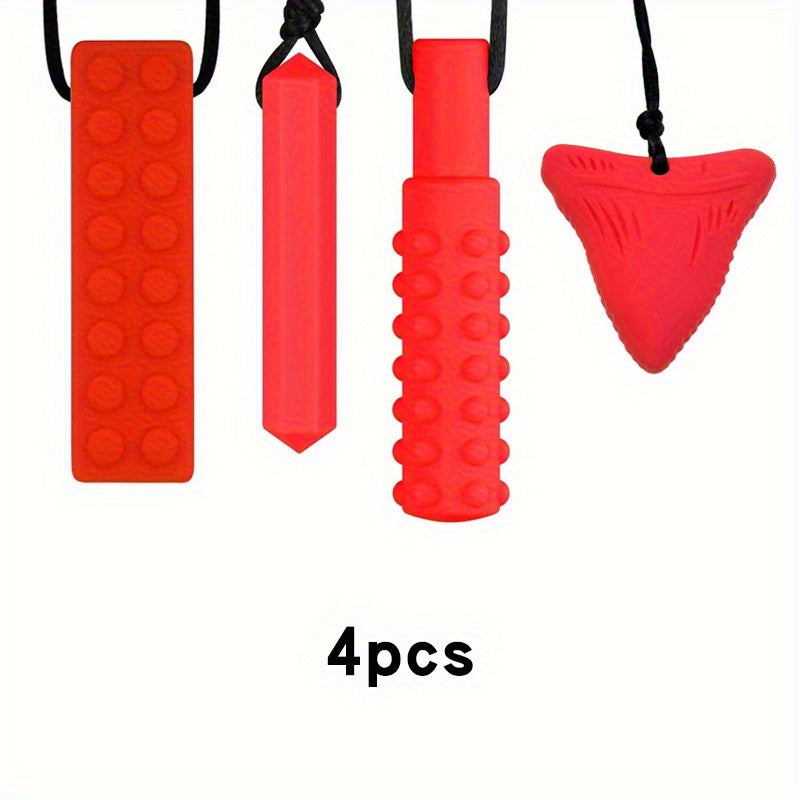 Set of four red sensory chew necklaces in various shapes and textured designs, 4pcs