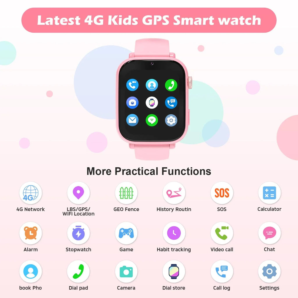 Pink 4G kids GPS smart watch with touchscreen, app icons, and feature list for STEM learning.