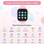 Pink 4G kids GPS smart watch with touchscreen, app icons, and feature list for STEM learning.