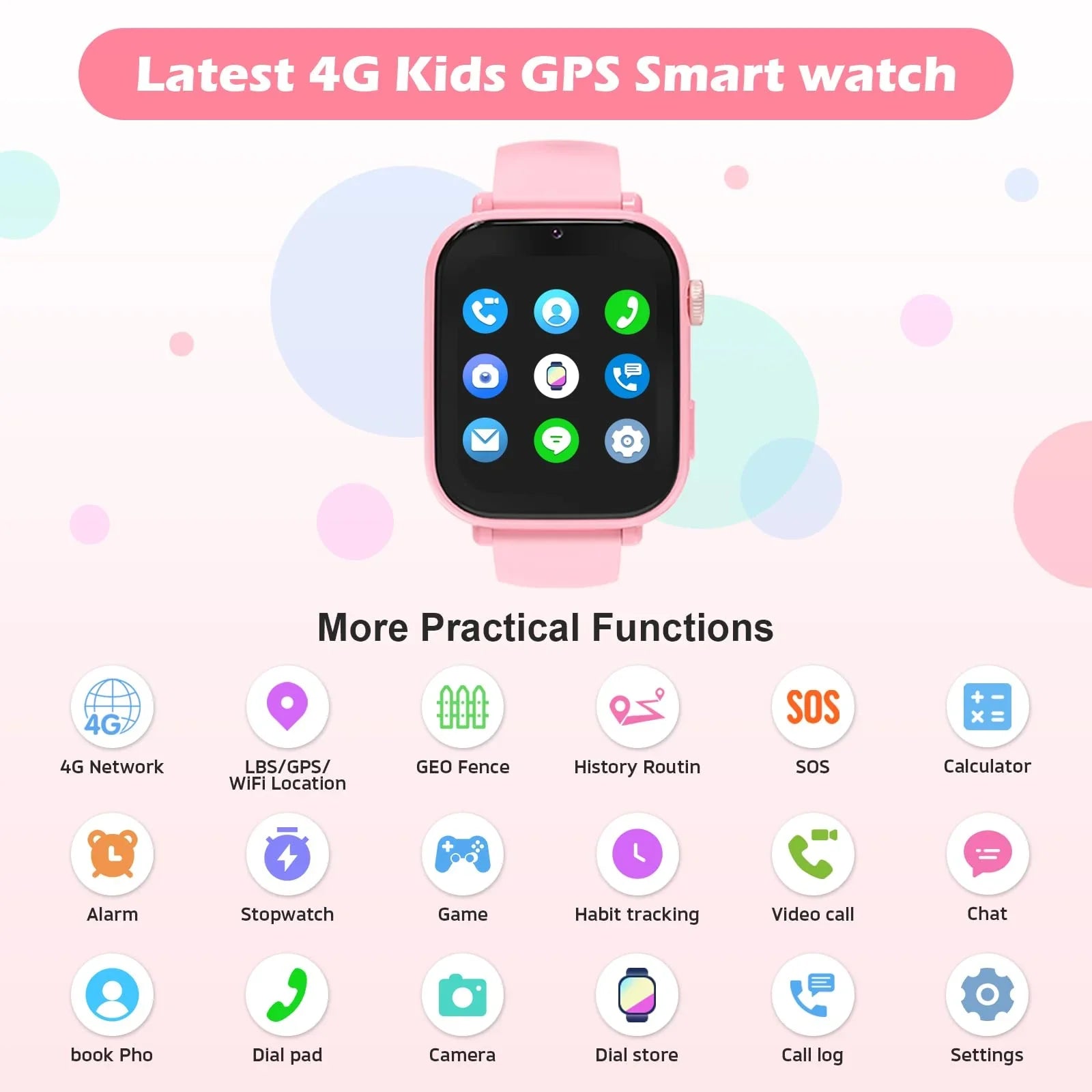 Pink 4G kids GPS smart watch with touchscreen, app icons, and feature list for STEM learning.