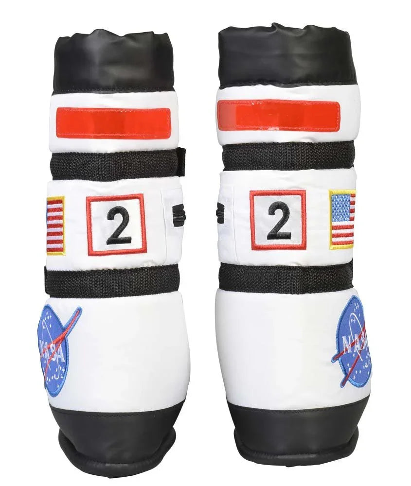 Pair of astronaut gloves for kids with American flag patches, NASA logos, and space-themed design.